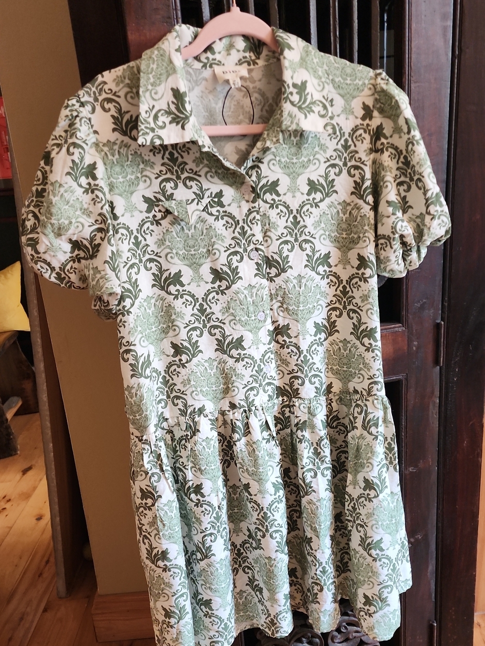 Bibi Green Floral Toile Print Dress With Short Puffed Sleeves, M